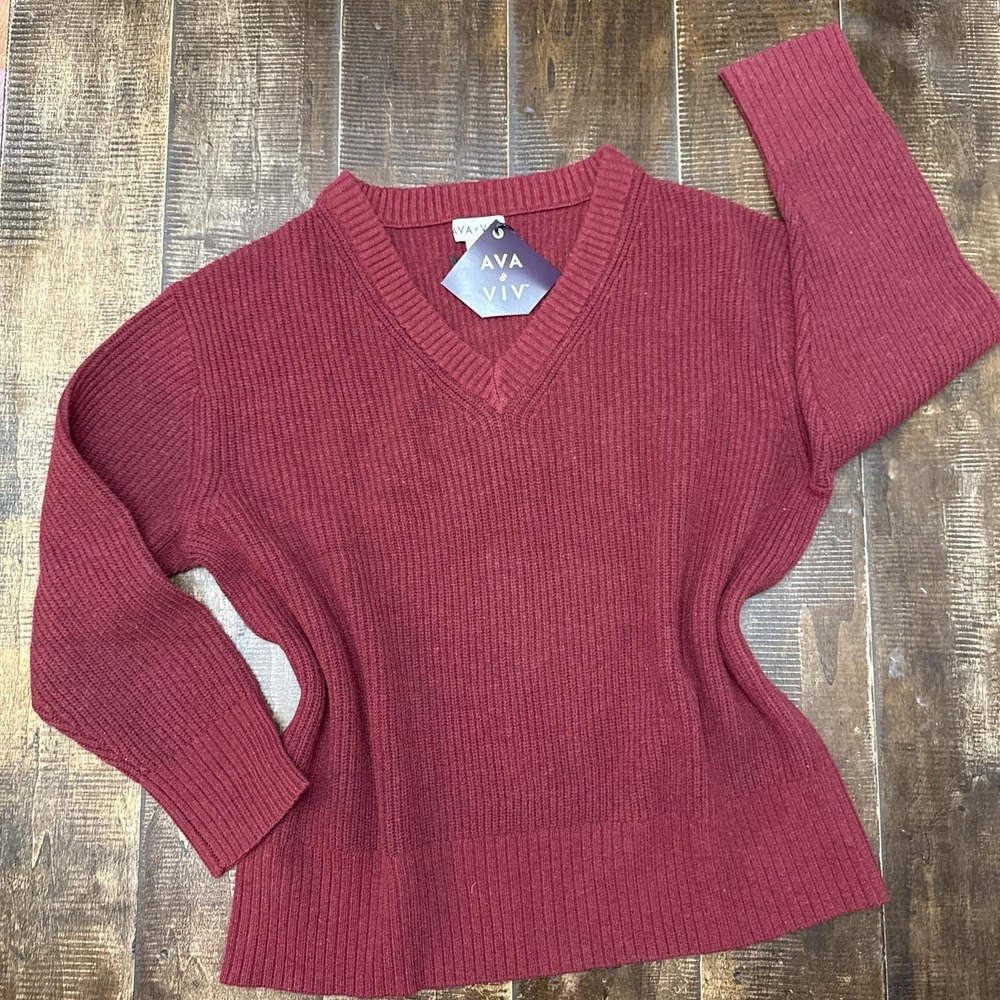 Ava & Viv Burgundy V-neck sweater with a relaxed fit